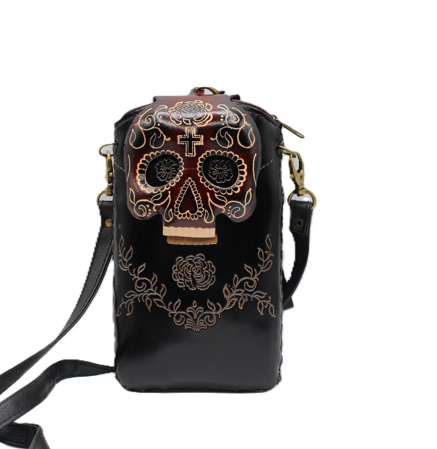 Handmade leather cell phone holder sugar skull day of dead