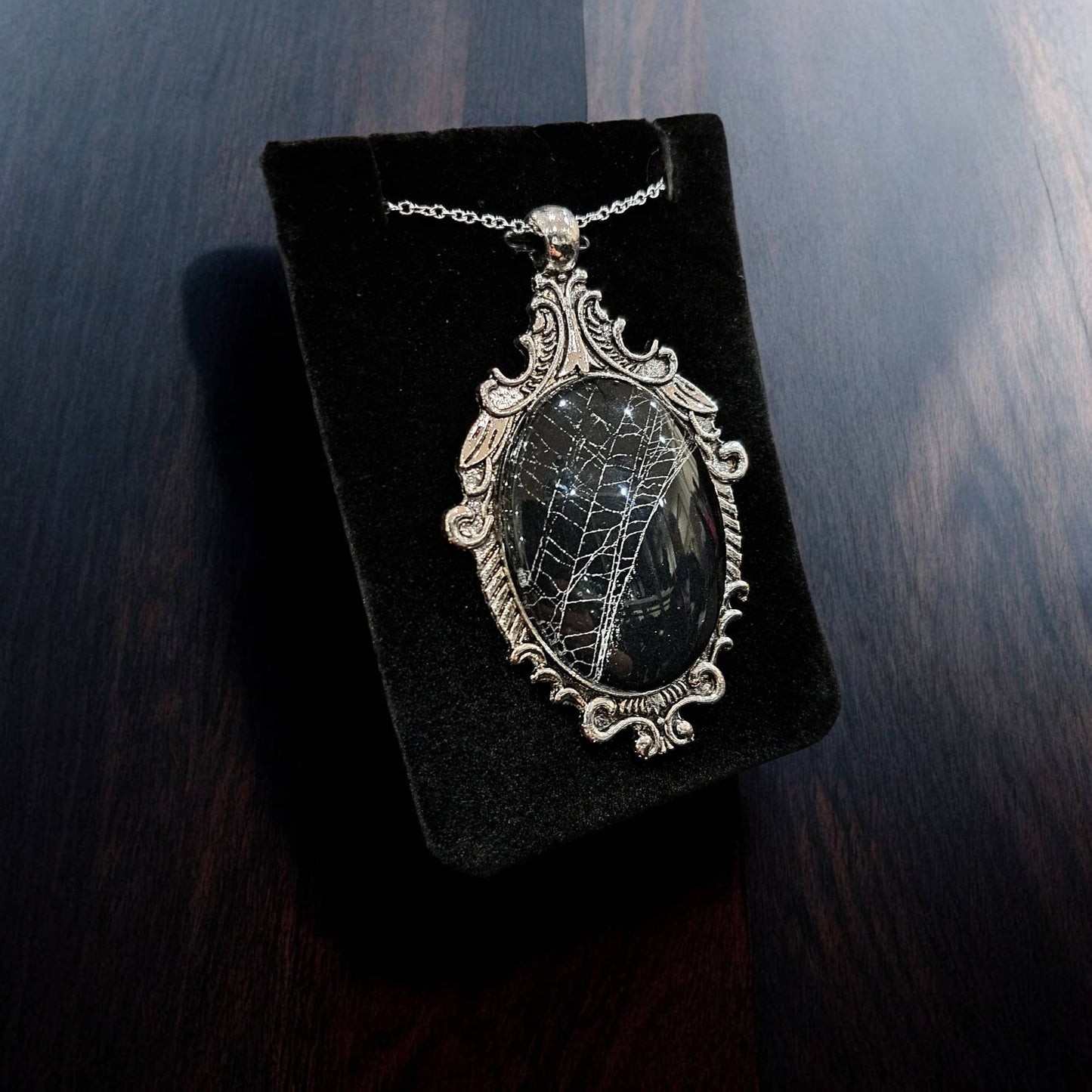 Real Spiderweb Large Filigree Cabochon Antique Silver