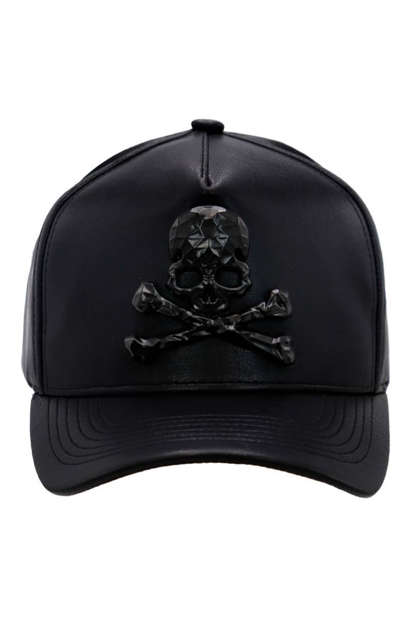 Skull Crossbones Buttery Faux Leather Baseball Cap