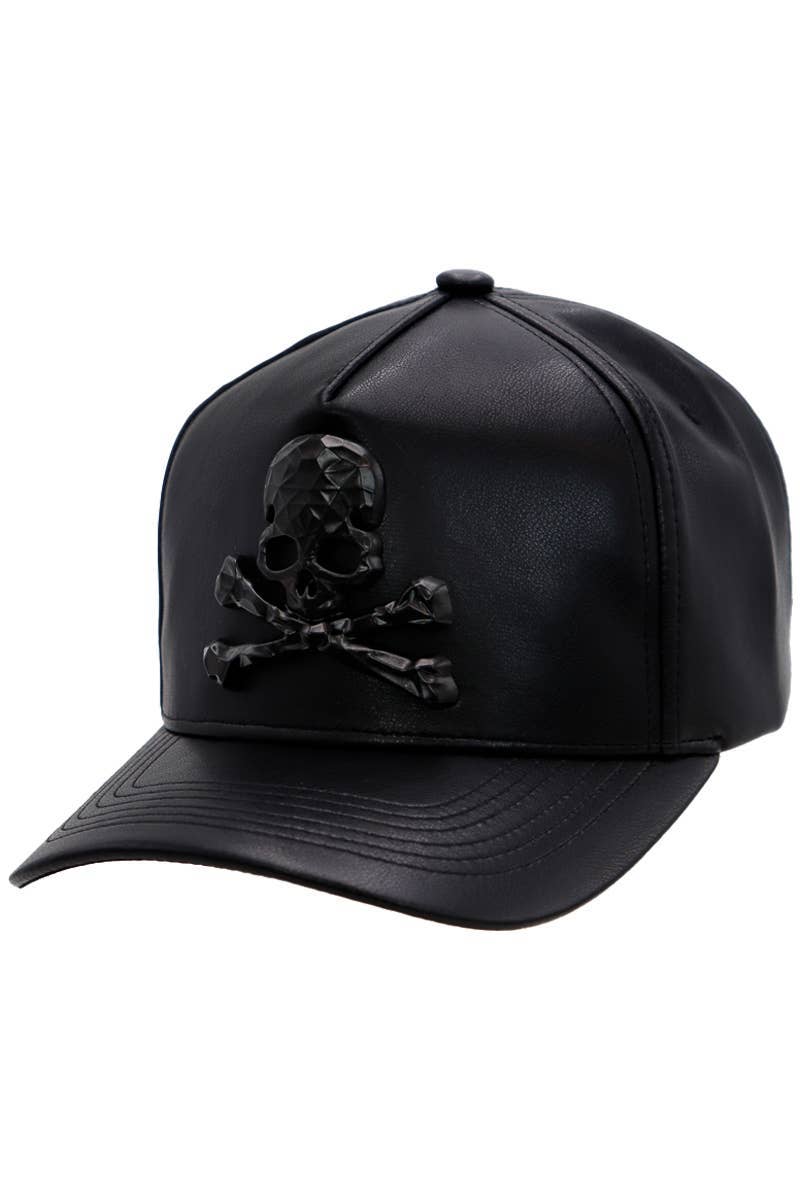 Skull Crossbones Buttery Faux Leather Baseball Cap