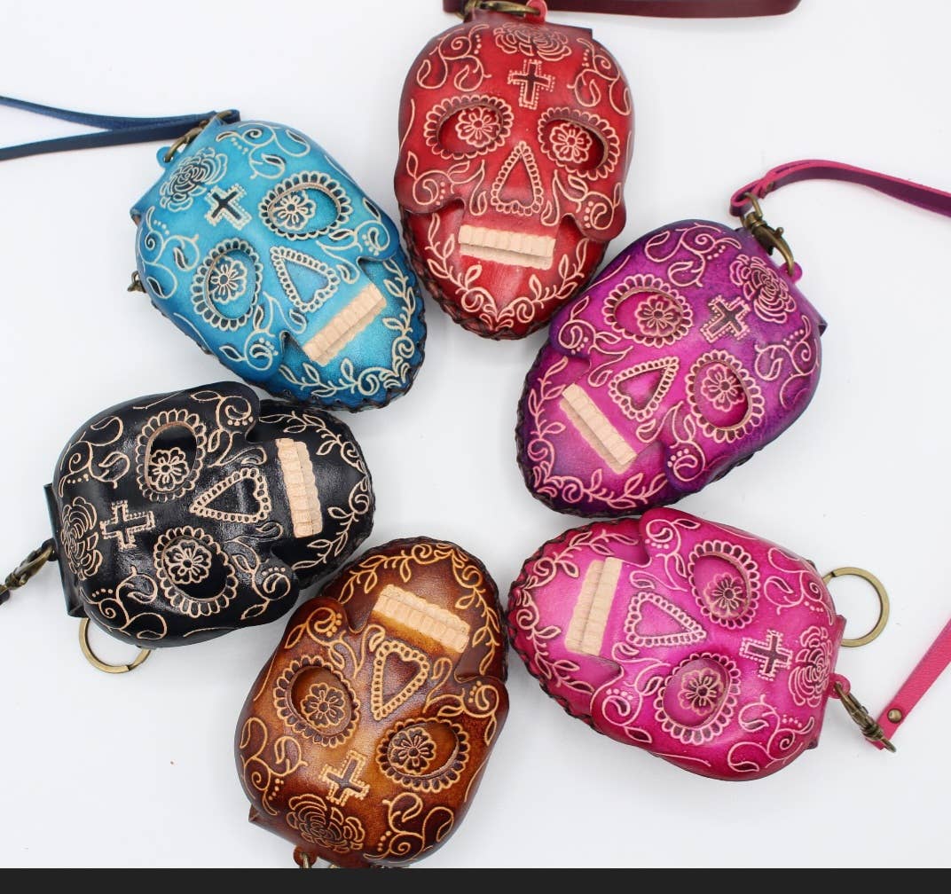Cp3527 leather Skull Wristlet coin purse  day of dead purse