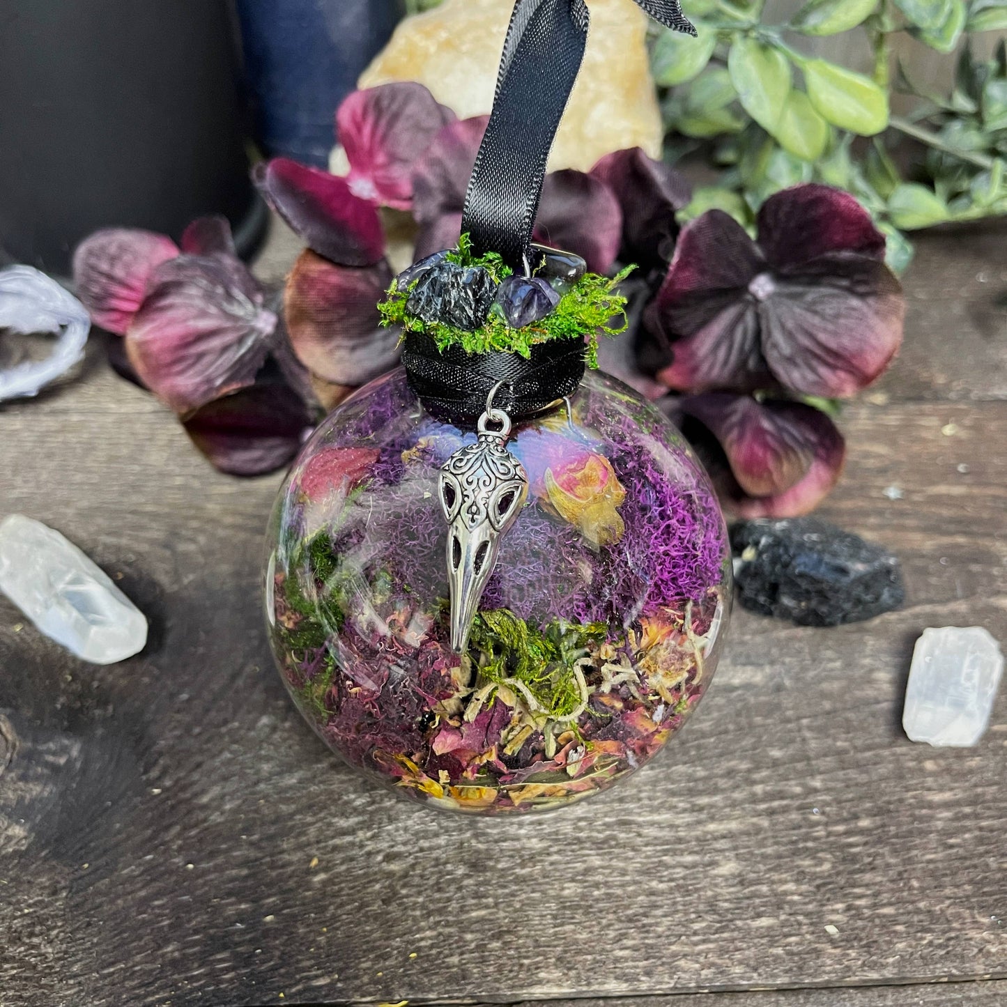 Raven Skull Witch Ball, Witchy Decor, Altar Decor