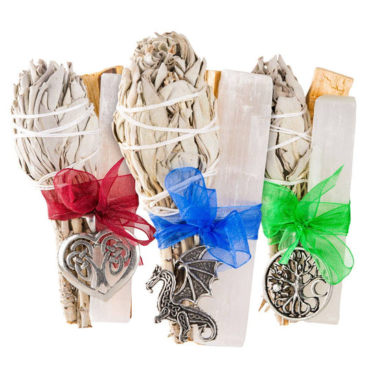 PALO SANTO, SAGE, AND SELENITE SMUDGE KIT w/ PENDANT