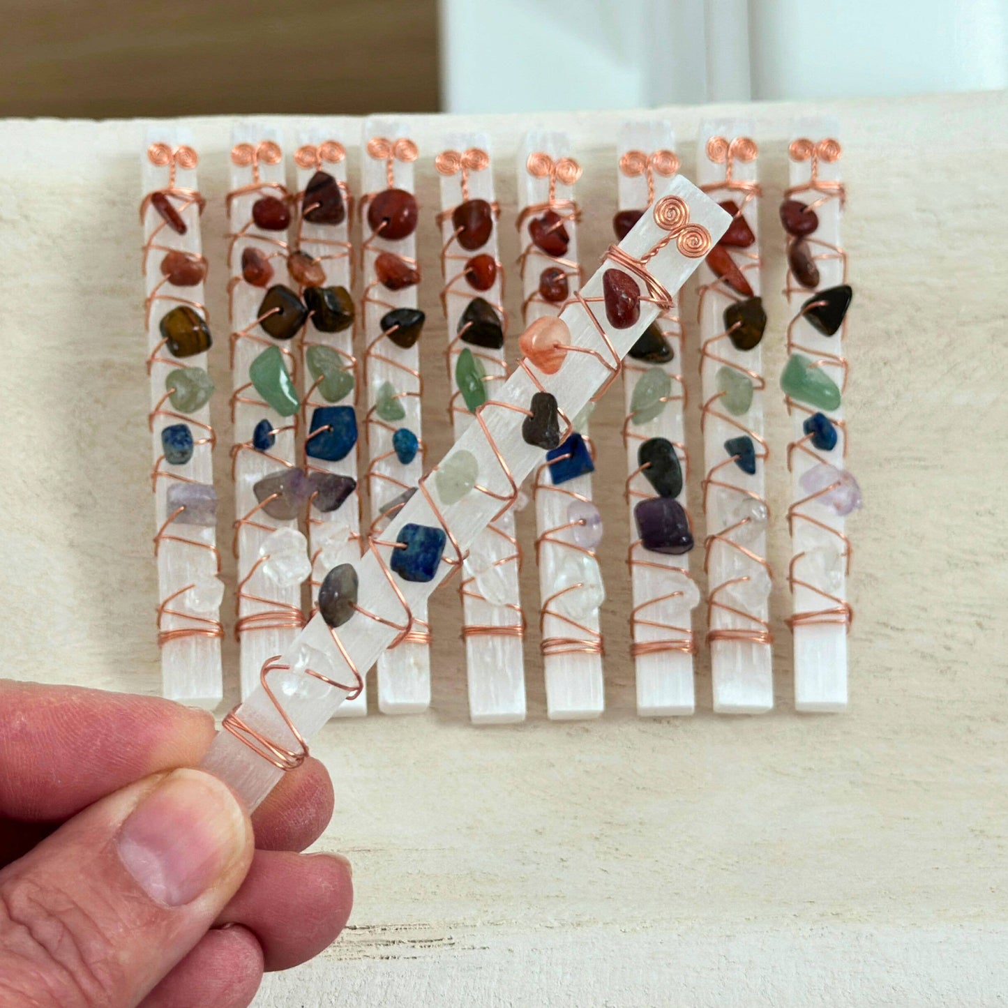 Selenite Crystal Wands Adorned with Chakra Crystals