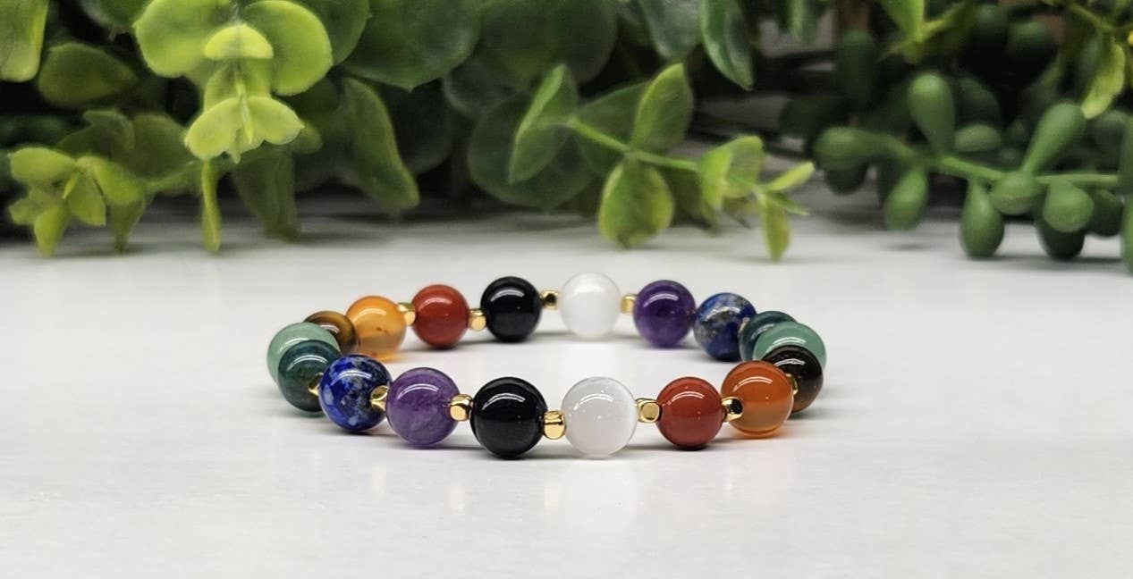 CLEANSE/PROTECT- Seven Chakra Stone Stretchable Bracelet 8mm