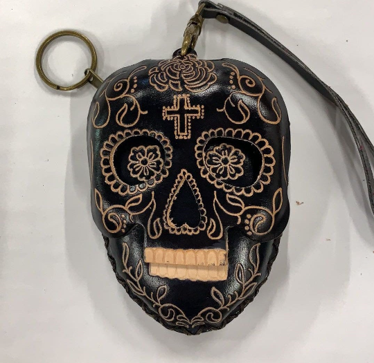 Cp3527 leather Skull Wristlet coin purse  day of dead purse