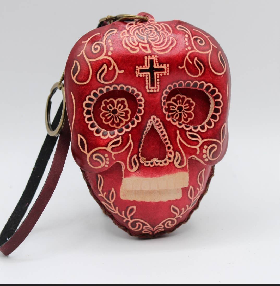 Cp3527 leather Skull Wristlet coin purse  day of dead purse