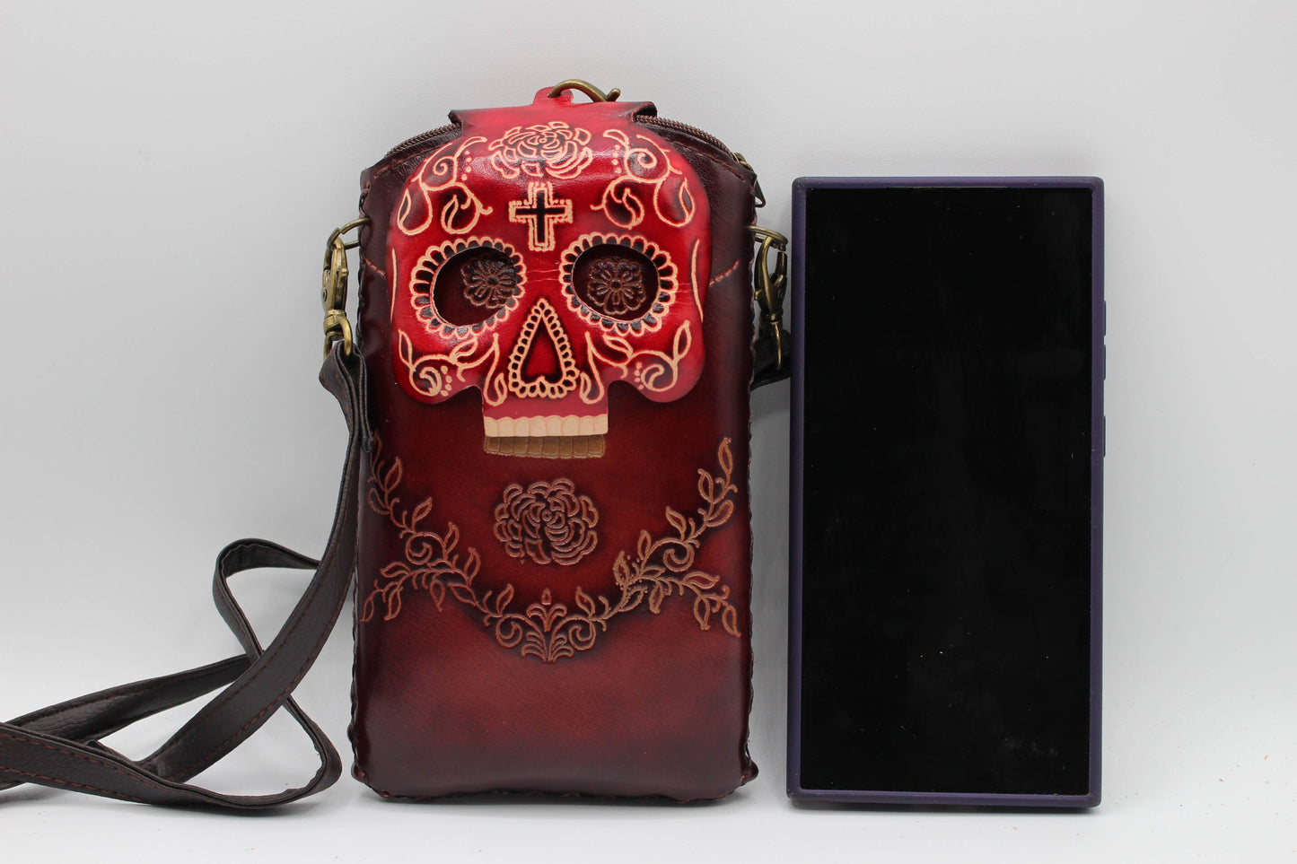 Handmade leather cell phone holder sugar skull day of dead