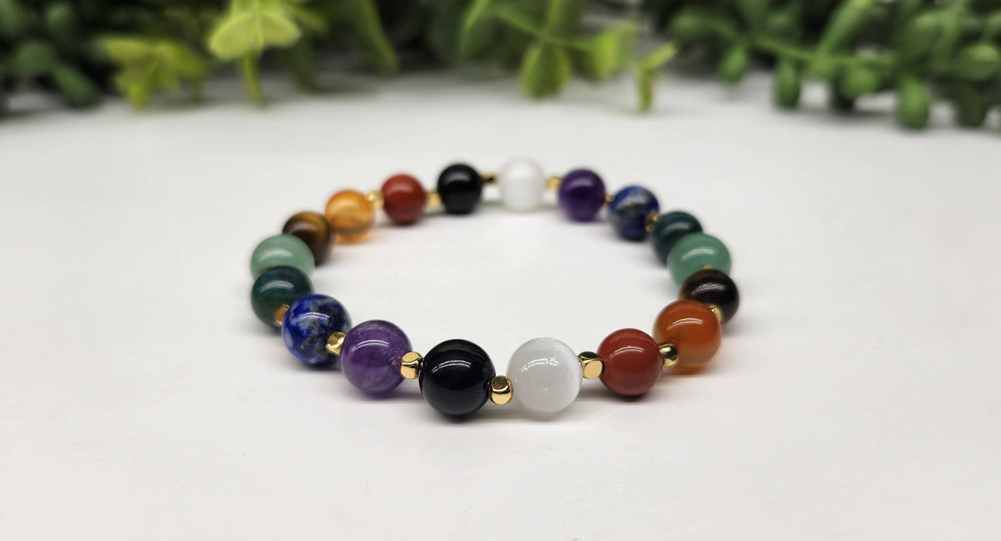 CLEANSE/PROTECT- Seven Chakra Stone Stretchable Bracelet 8mm