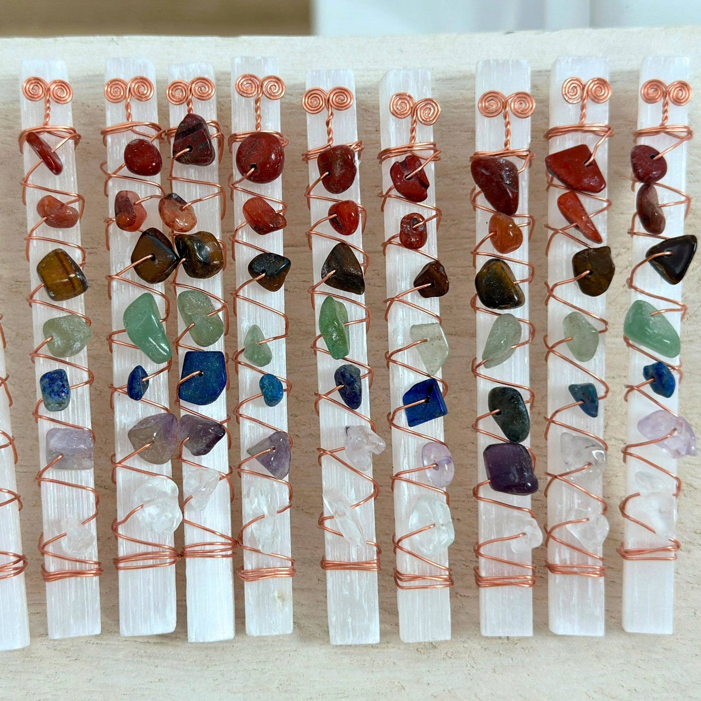 Selenite Crystal Wands Adorned with Chakra Crystals