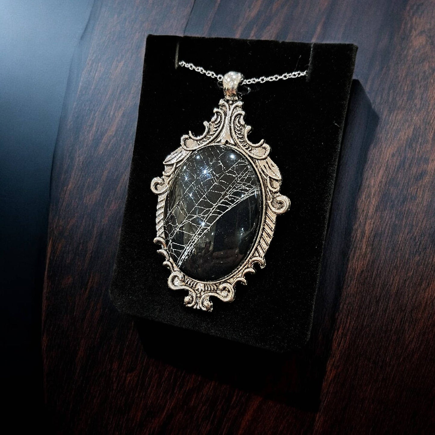 Real Spiderweb Large Filigree Cabochon Antique Silver