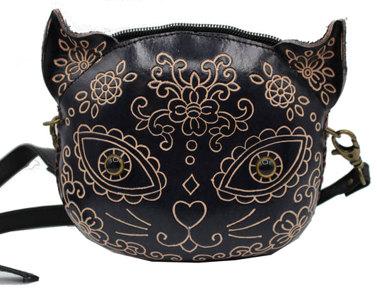 E928 sugar skull black cat little purse crossbody
