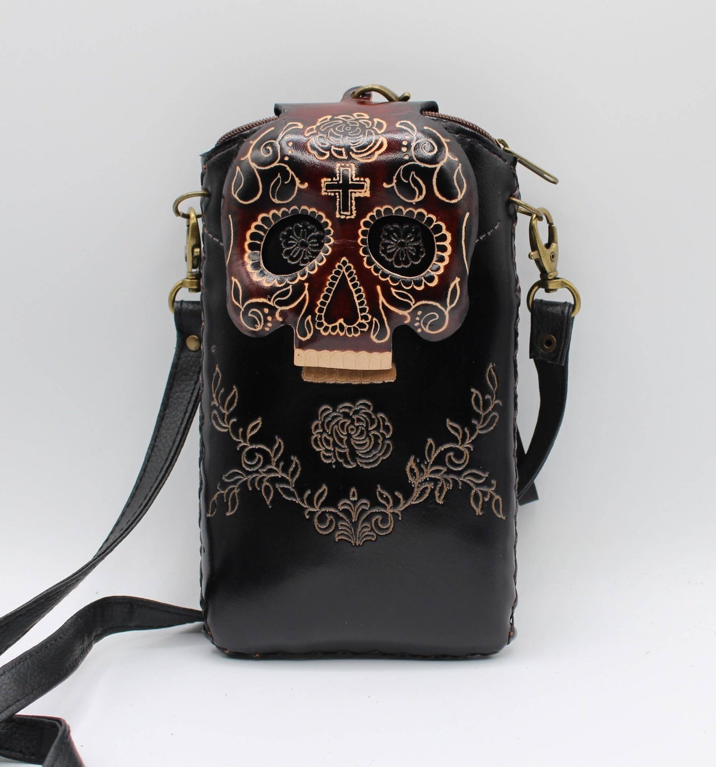 Handmade leather cell phone holder sugar skull day of dead