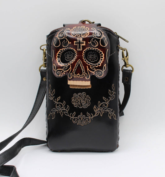 Handmade leather cell phone holder sugar skull day of dead