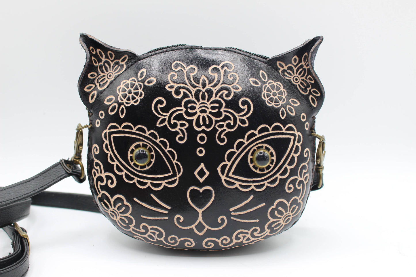 E928 sugar skull black cat little purse crossbody