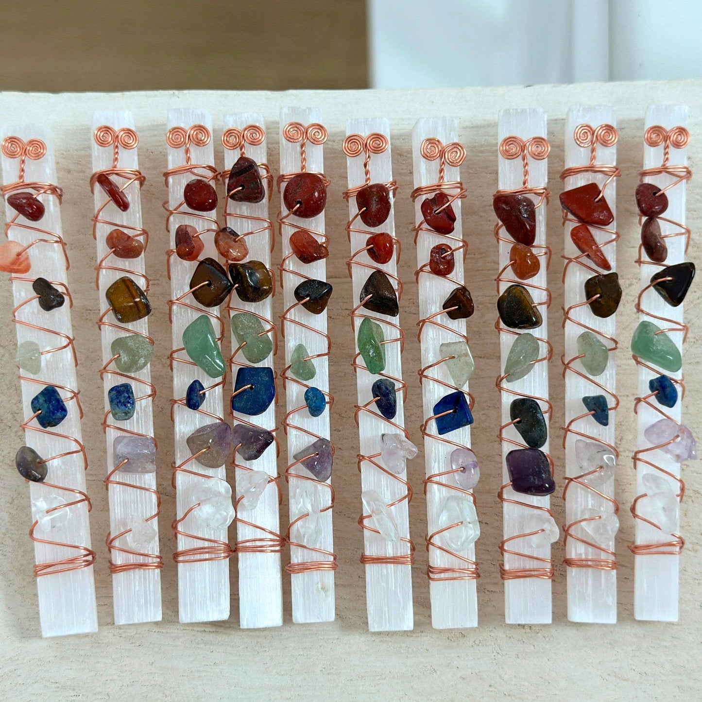 Selenite Crystal Wands Adorned with Chakra Crystals