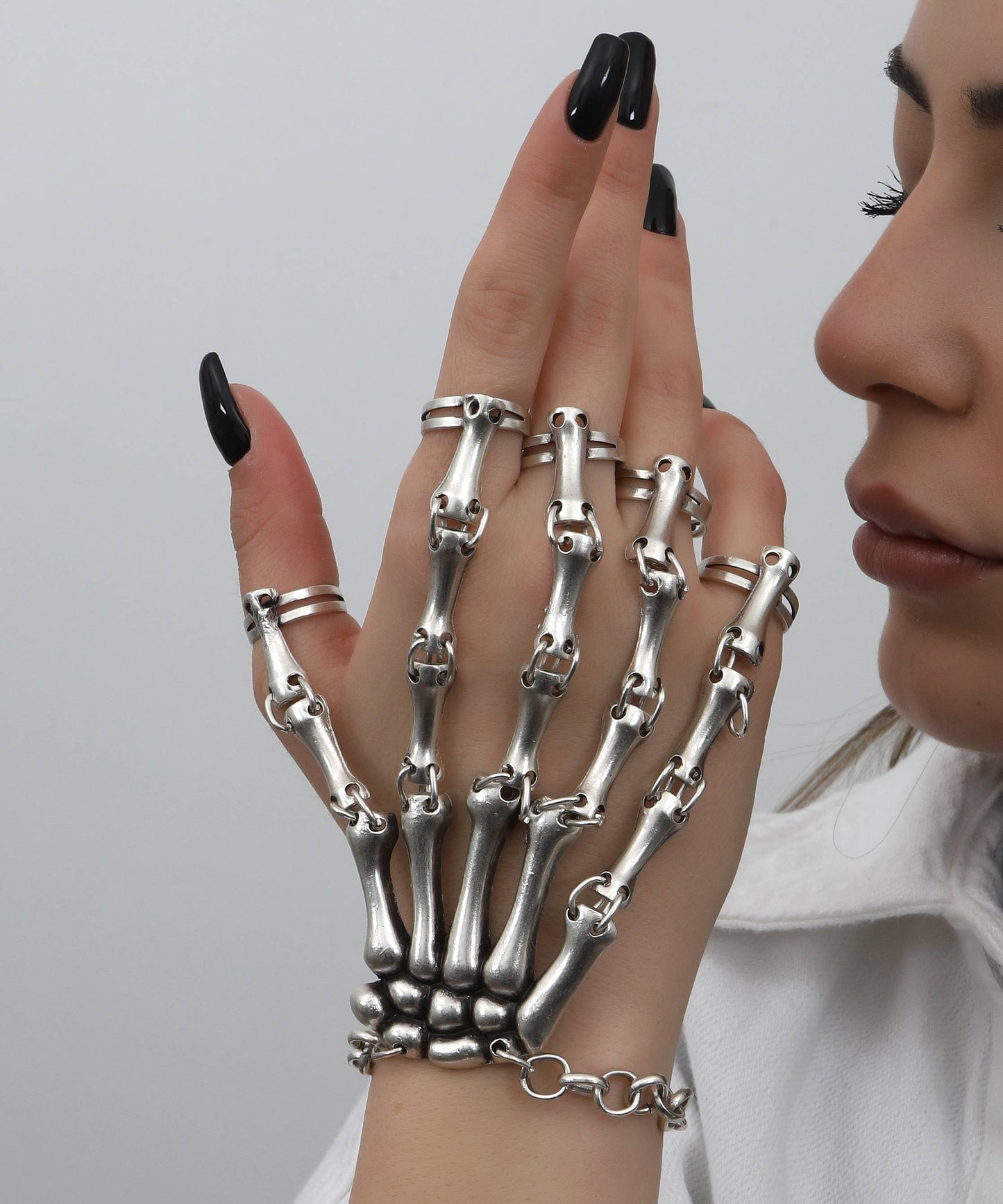 Silver plated bracelet and free size skull ring