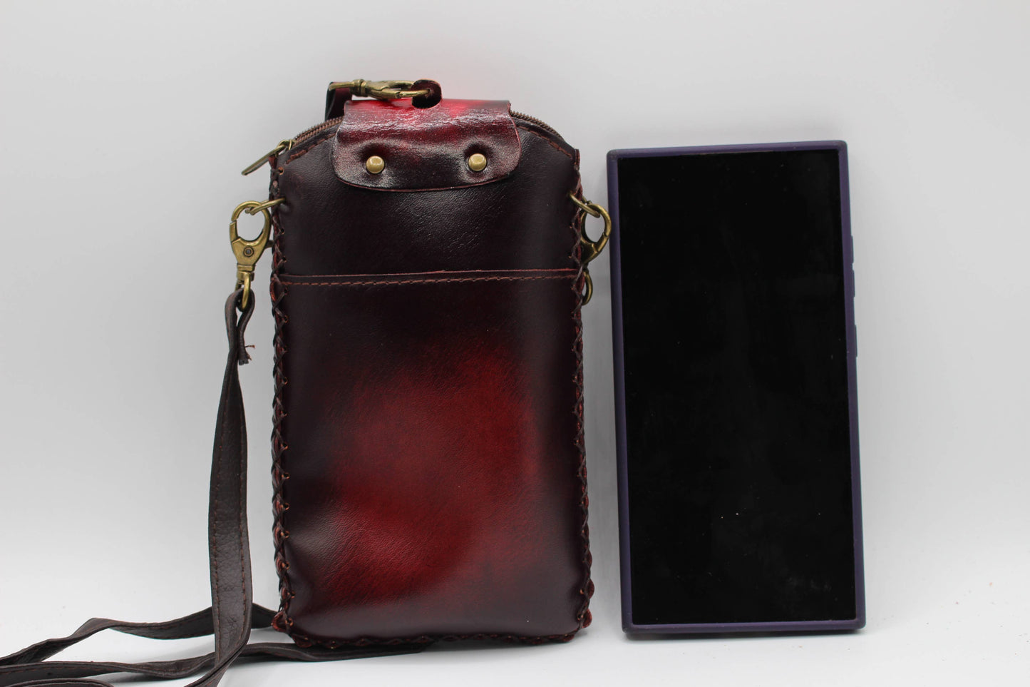 Handmade leather cell phone holder sugar skull day of dead