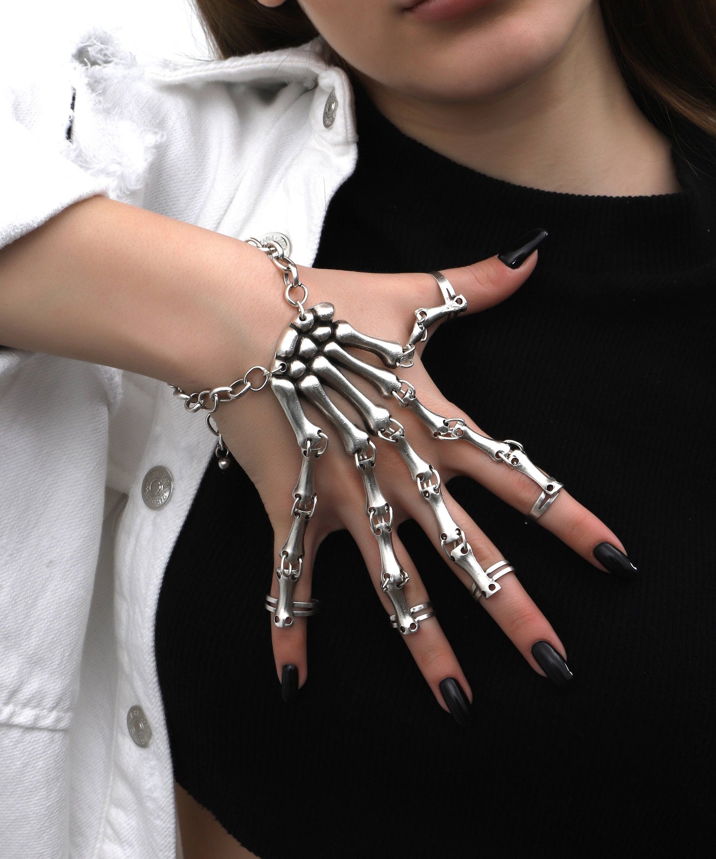 Silver plated bracelet and free size skull ring