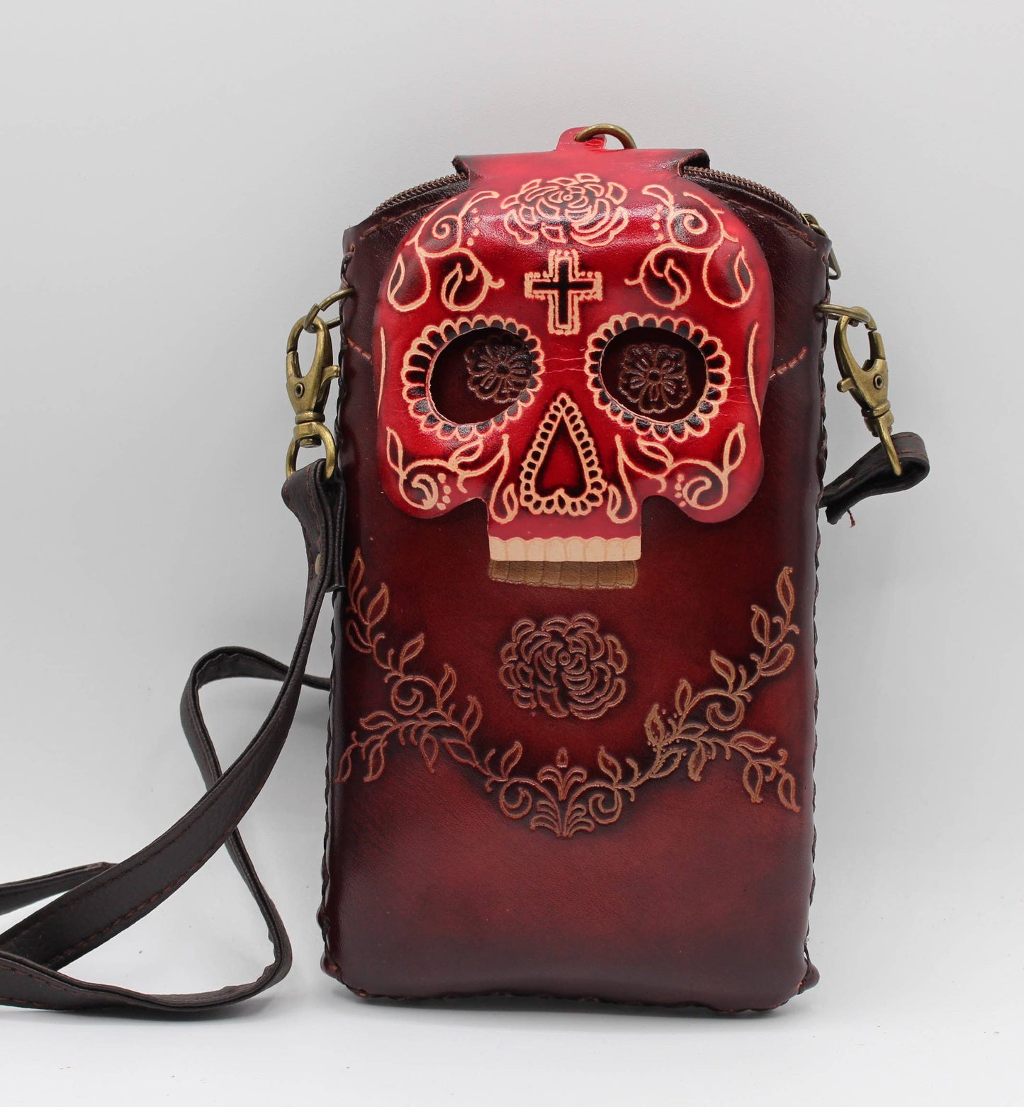 Handmade leather cell phone holder sugar skull day of dead