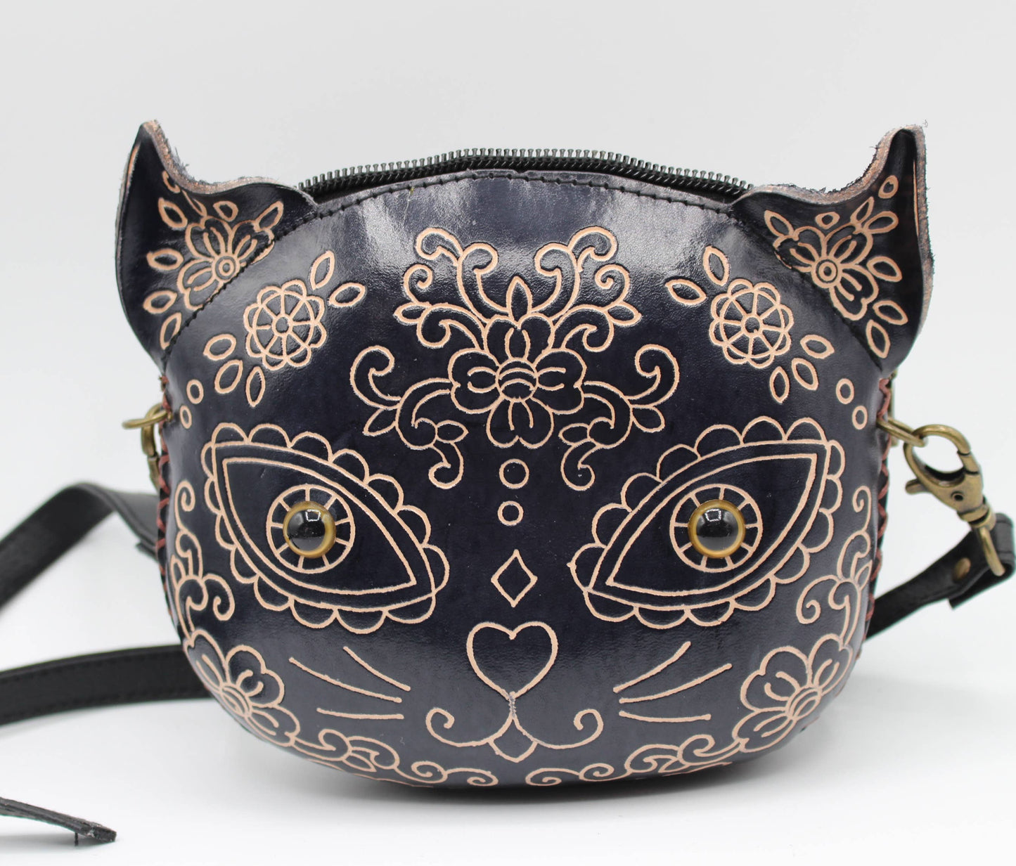 E928 sugar skull black cat little purse crossbody