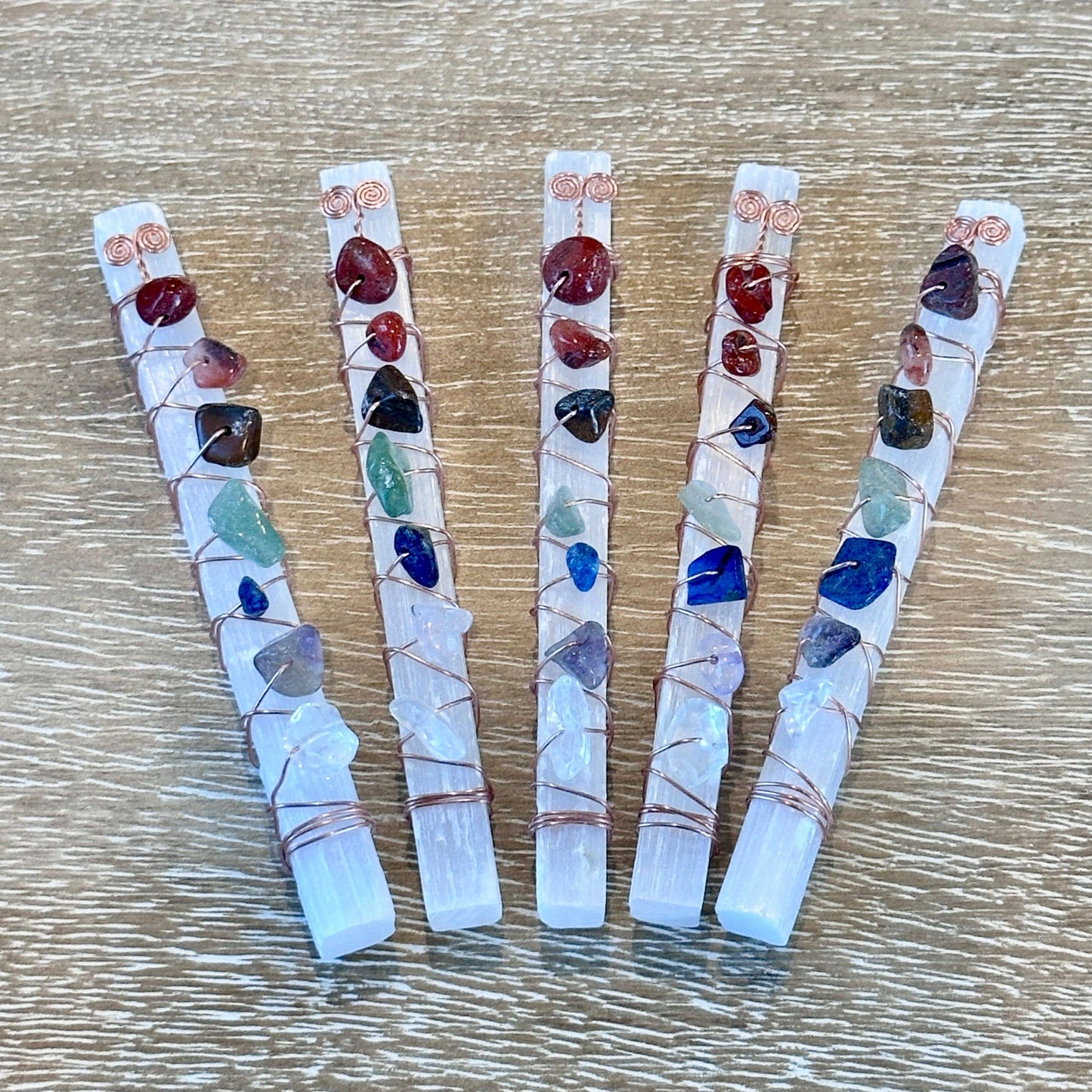 Selenite Crystal Wands Adorned with Chakra Crystals