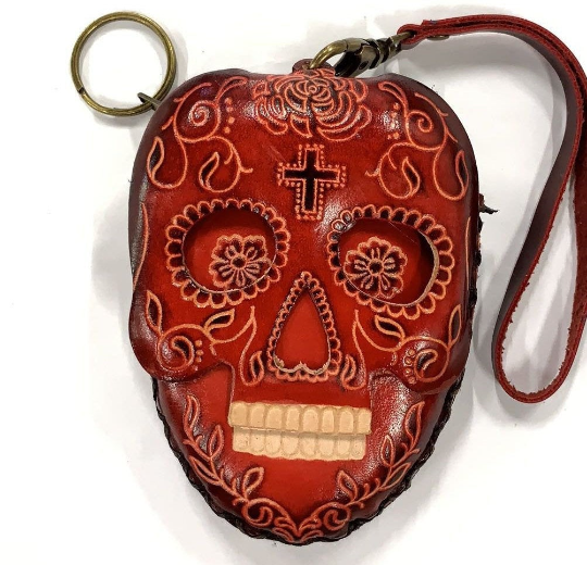 Cp3527 leather Skull Wristlet coin purse  day of dead purse