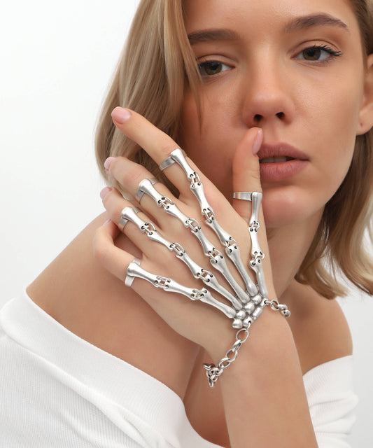 Silver plated bracelet and free size skull ring