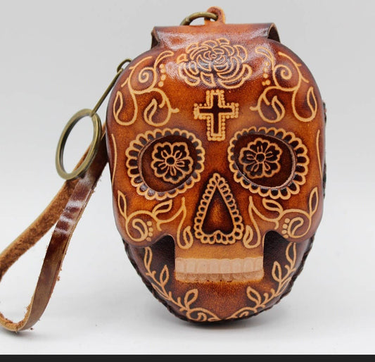 Cp3527 leather Skull Wristlet coin purse  day of dead purse
