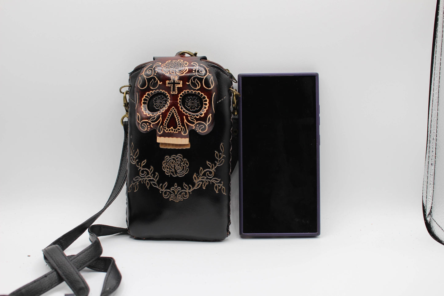 Handmade leather cell phone holder sugar skull day of dead