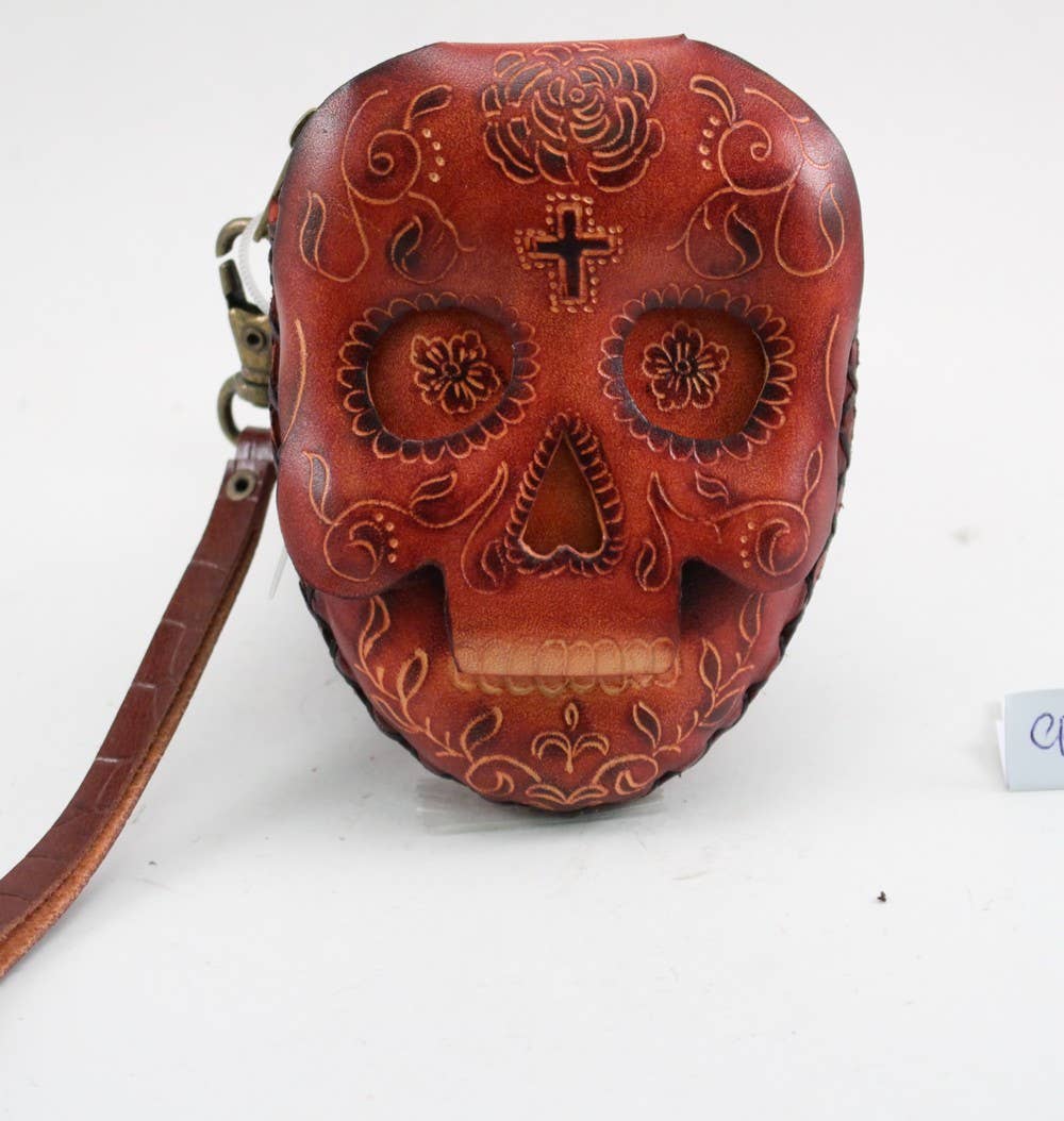 Cp3527 leather Skull Wristlet coin purse  day of dead purse