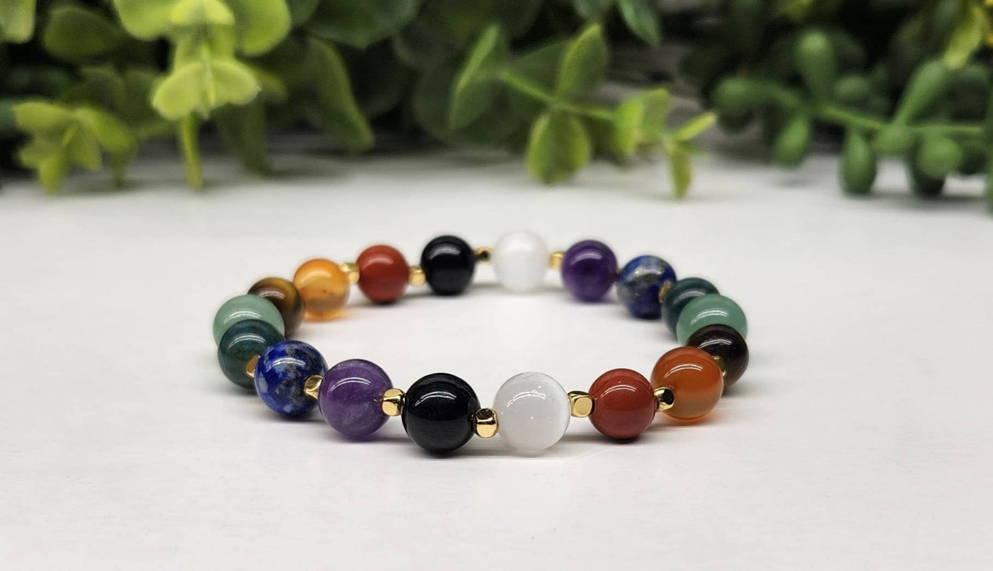 CLEANSE/PROTECT- Seven Chakra Stone Stretchable Bracelet 8mm