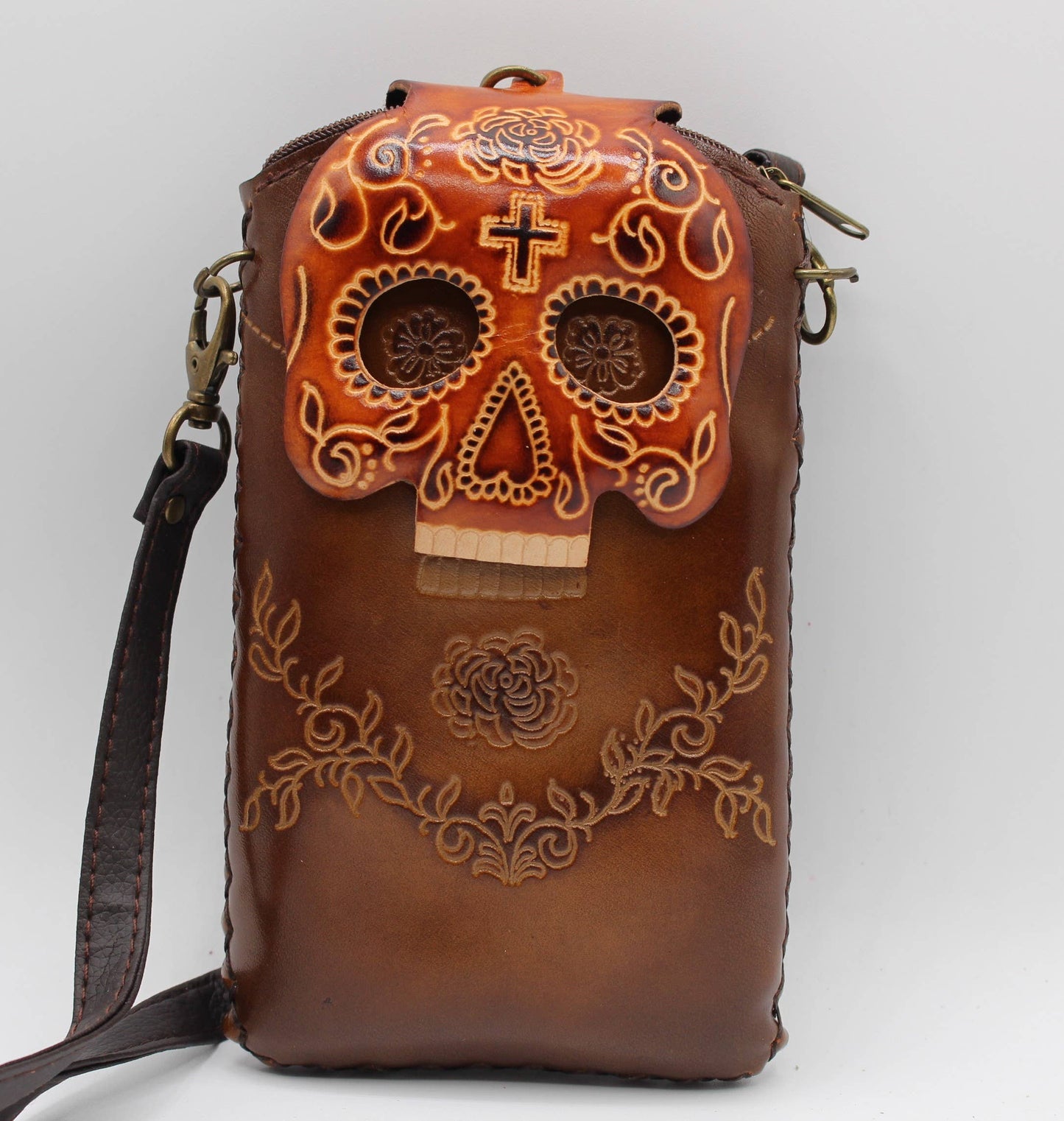 Handmade leather cell phone holder sugar skull day of dead