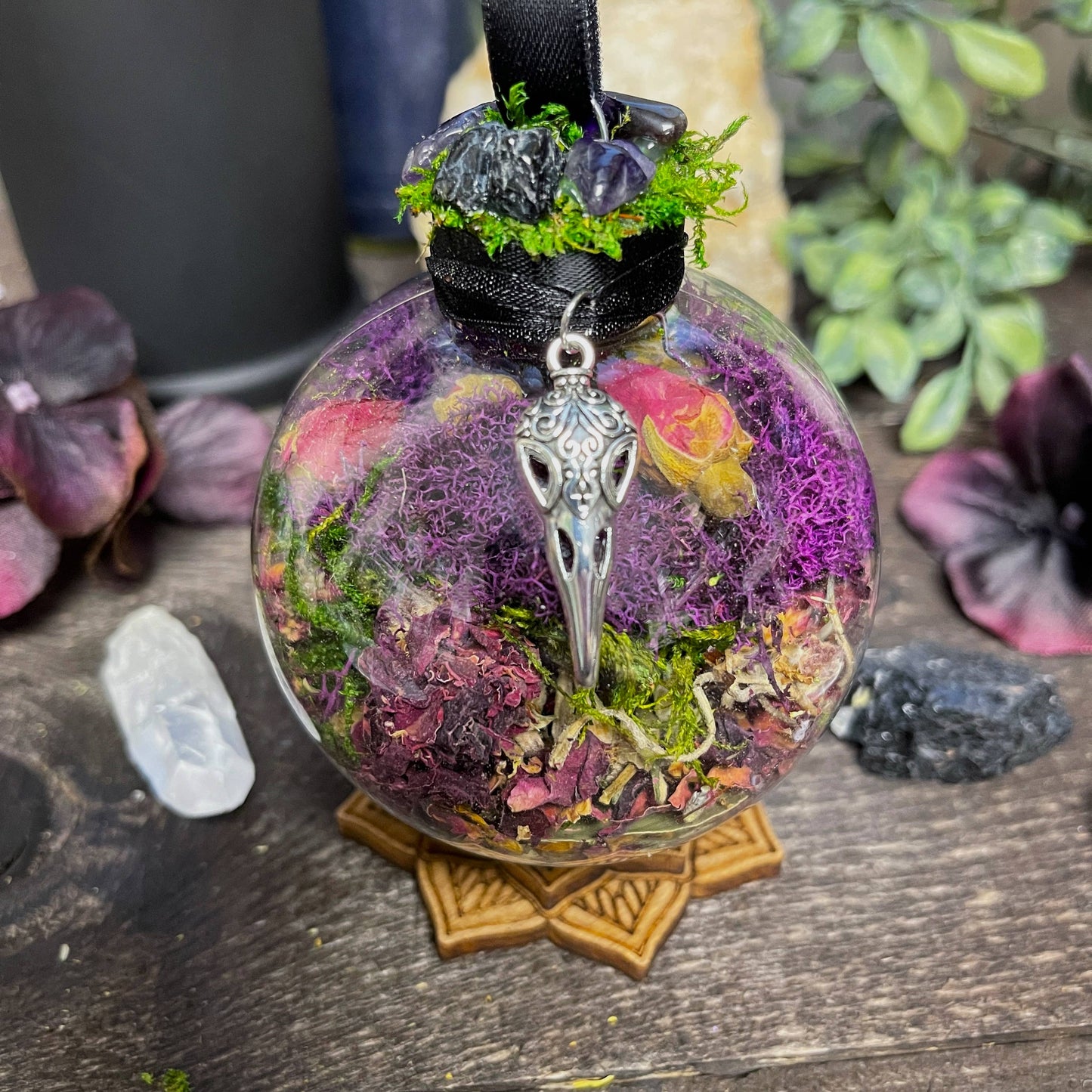 Raven Skull Witch Ball, Witchy Decor, Altar Decor