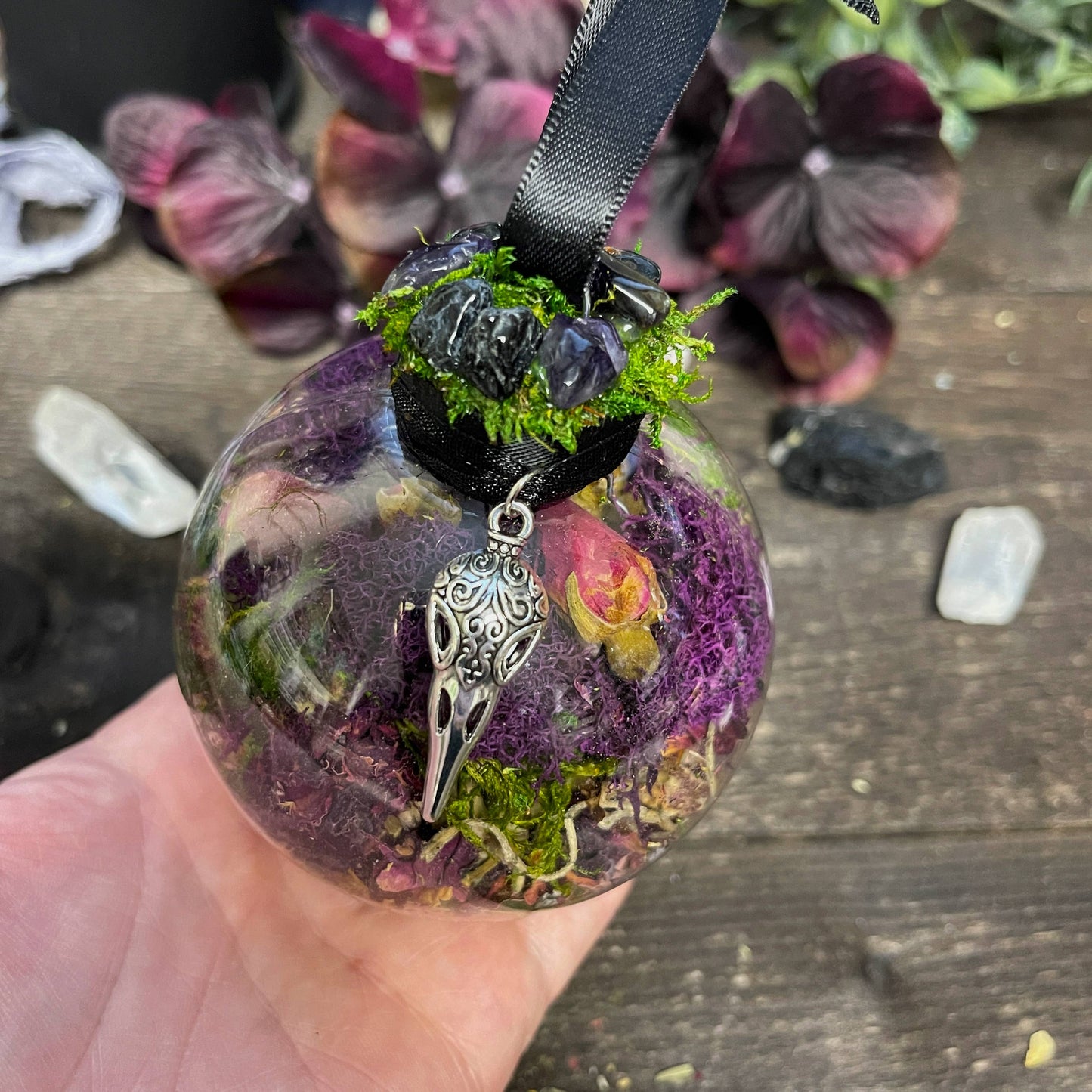 Raven Skull Witch Ball, Witchy Decor, Altar Decor